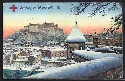 AK Salzburg, Teilansicht mit Festung und Stadtmauer, Winter 1914-15, Rotes Kreuz