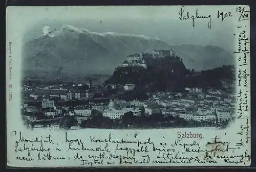 Mondschein-AK Salzburg, Ortsansicht mit Burg und Bergpanorama