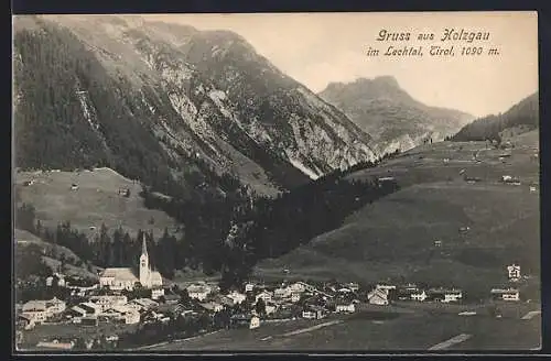 AK Holzgau im Lechtal, Gesamtansicht mit Berg und Tal aus der Vogelschau