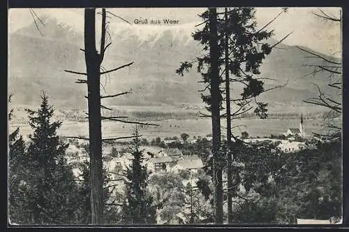 AK Weer, Totalansicht mit Bergpanorama aus der Vogelschau