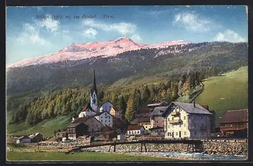 AK Sölden, Ortsansicht mit Brücke und Kirche