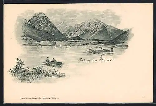 Künstler-AK Pertisau am Achensee, Panorama mit Dampfer