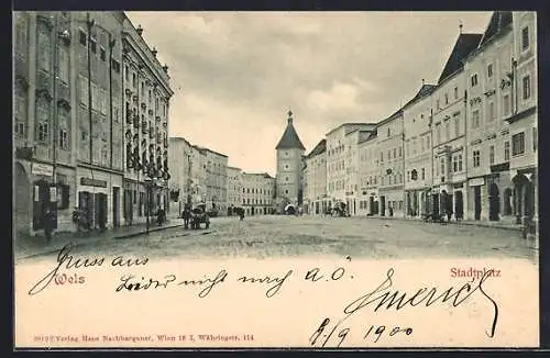 AK Wels, Stadtplatz mit Geschäften