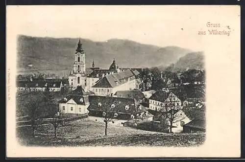 AK Wilhering, Ortsansicht mit Bergen im Hintergrund