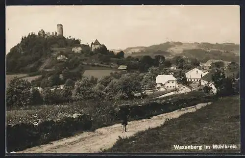 AK Waxenberg, Ortsansicht mit Burgruine