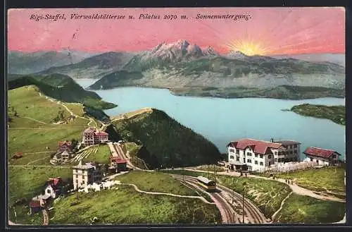 AK Rigi, Panorama mit Rigi-Staffel u. Pilatus bei Sonnenuntergang