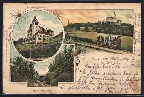 Lithographie Pöstlingberg, Partie der Bahn, Elektrizitätshotel