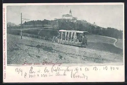 AK Linz a. D., Bergbahn und Passagiere am Pöstlingberg