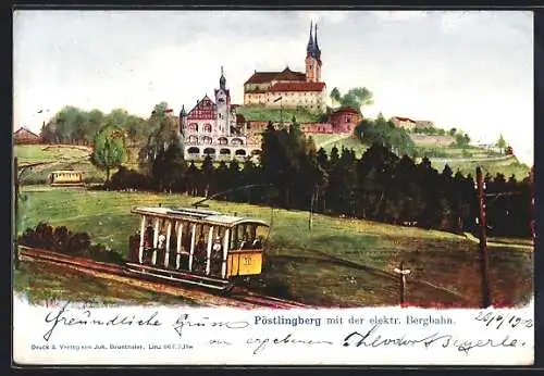 AK Linz a. D., Pöstlingberg mit der elektr. Bergbahn, Strassenbahn