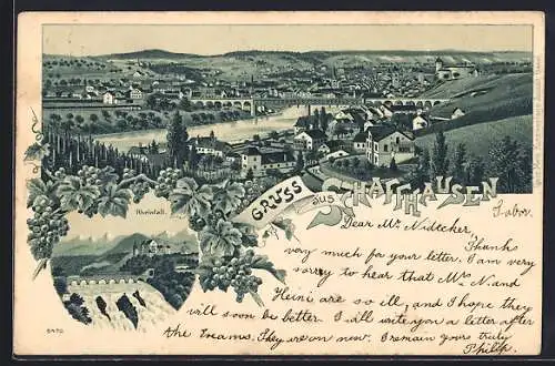 Lithographie Schaffhausen, Rheinfall und Stadtpanorama