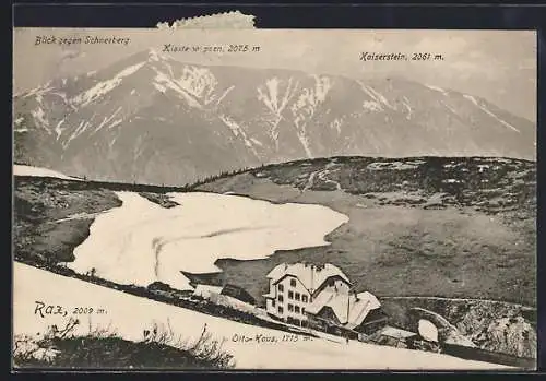 AK Erzherzog Otto Schutzhaus, Berghütte mit Blick gegen Schneeberg, Klosterwappen u. Kaiserstein, Rax