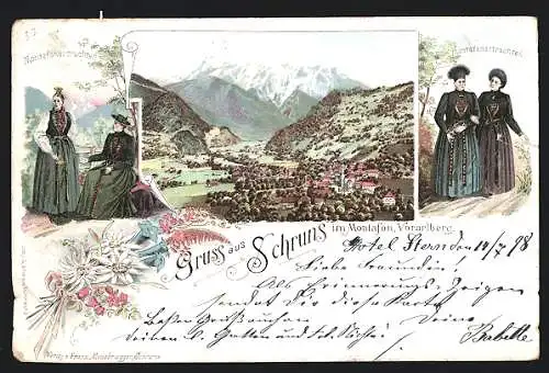 Lithographie Schruns im Montafon, Panorama, Montafonertrachten