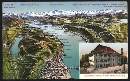 AK Forch, Gasthaus Krone, Alpen-Panorama mit Zürichsee