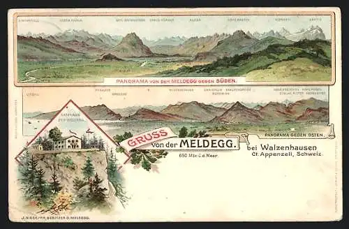 Lithographie Meldegg, Gasthaus zur Meldegg, Panorama gegen Süden mit Scesa Plana, Alvier u. Altmann