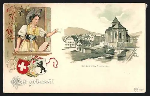 Lithographie Appenzell, Partie an der Kirche, Appenzellerin in Tracht