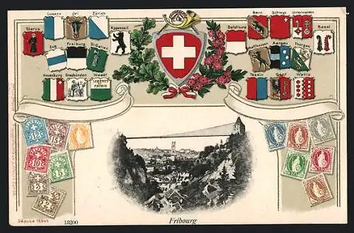 Präge-AK Fribourg, Ortsansicht, Wappen der Kantone, Briefmarken