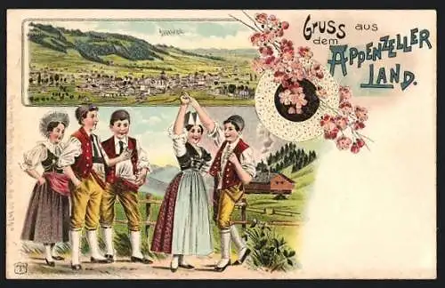 Lithographie Appenzell, Totalansicht, Appenzeller in Tracht beim Tanz