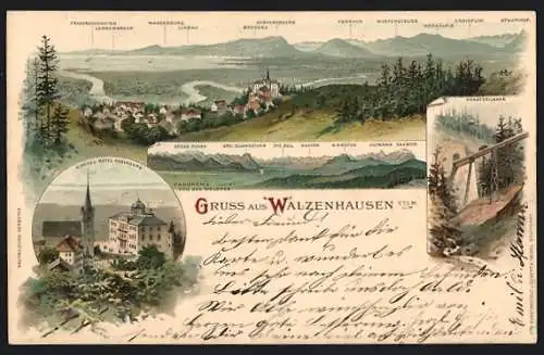 Lithographie Walzenhausen, Panorama mit Bregenz, Canisfluh, Wasserburg, Kirche u. Hotel Rheinburg