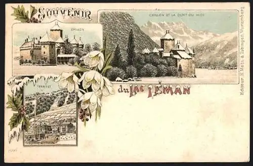 Winter-Lithographie Lac Léman / Genfersee, Chillon et la Dent du Midi, Territet