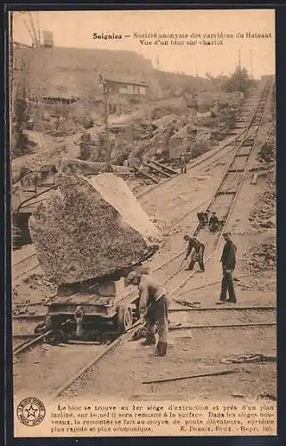 AK Soignies, Société anonyme des carrières du Hainaut, Vue d`un bloc sur chariot