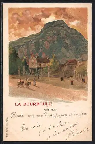 Lithographie La Bourboule, Une villa au pied de la montagne avec des cavaliers sur le chemin