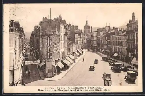 AK Clermont-Ferrand, Rue du Onze-Novembre et Avenue des États-Unis avec voitures et passants