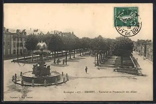 AK Ambert, Fontaine et Promenade des Allées