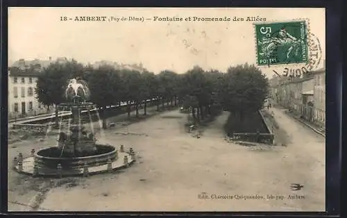 AK Ambert, Fontaine et Promenade des Allées