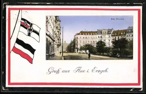 AK Aue i. Erzgeb., Der Wettinplatz, Passepartout mit Reichskriegsflagge