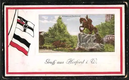 AK Herford i. W., Wittekind-Denkmal im Passepartout mit Reichskriegsflagge