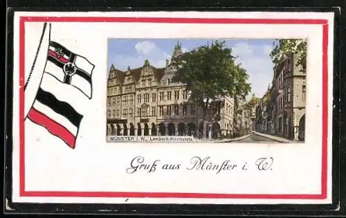 AK Münster i. W., Lamberti-Platz im Passepartout mit Reichsfarben