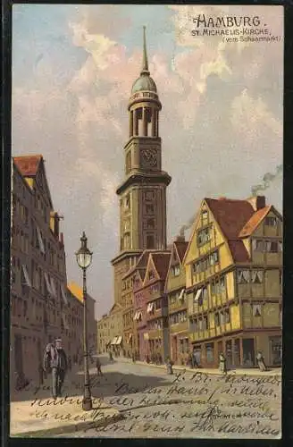 Lithographie Hamburg-Neustadt, Blick auf die St. Michaelis-Kirche vom Schaarmarkt