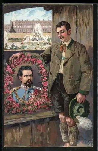 Künstler-AK Fritz Bergen: Mann in Tracht mit Portrait von König Ludwig II., Im Hintergrund Brunnen durch Fenster