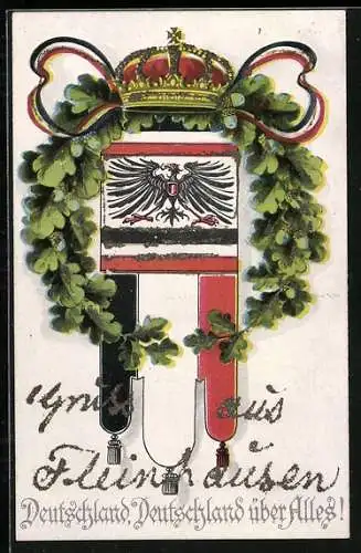 AK Reichsfahne mit Eichenlaub, Reichsadler und Krone, Deutschland über alles