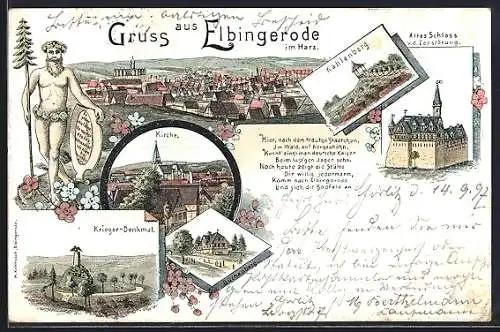 Lithographie Elbingerode /Harz, Büchenberg, Kriegerdenkmal, Figur mit Eichenkranz und Tanne, Totalansicht