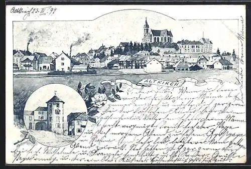 Lithographie Altkirch, Teilansicht mit Kirche, Ortspartie