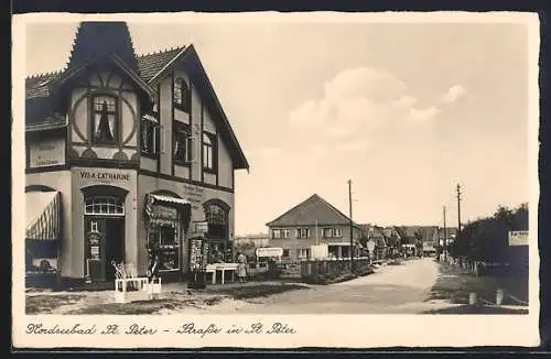 AK St. Peter / Nordsee, Nordseebad, Strassenpartie mit Geschäft Villa Catharine