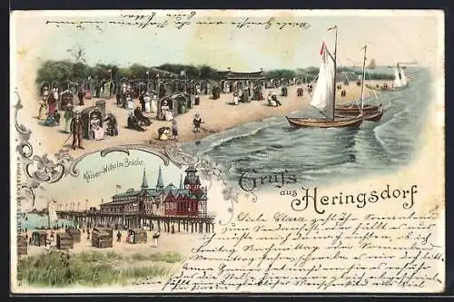 Lithographie Heringsdorf / Ostseebad, Kaiser Wilhelm Brücke, Strand mit Segelbooten