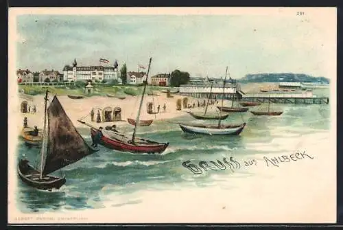 Lithographie Ahlbeck / Ostseebad, Strand mit Segelbooten, Strandkörben und Badegästen