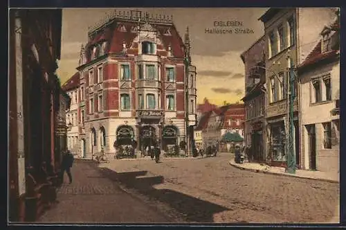 AK Eisleben, Hallesche Strasse mit Hotel Monopol