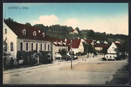 AK Copitz a. Elbe, Strassenpartie mit Gasthof zum Erbgericht Copitz