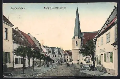 AK Sandersleben, Marktplatz mit Geschäften und Kirche