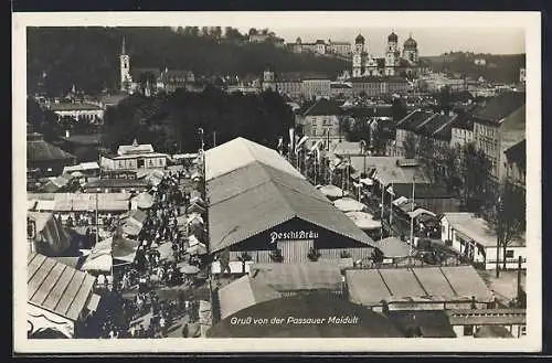 AK Passau, Passauer Maidult mit Festzelt Peschl-Bräu, Im Hintergrund Kirche, Volksfest