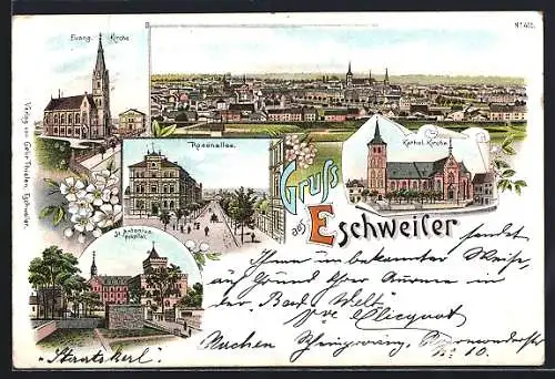 Vorläufer-Lithographie Eschweiler, 1895, St. Antonius-Hospital, Katholische Kirche, Rosenallee