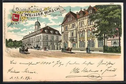 Lithographie Dresden-Weisser Hirsch, Kurhaus Weisser Hirsch mit Konditorei und Bäckerei