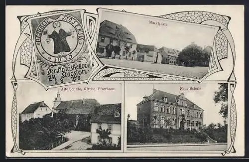 AK Stössen, Heimatfest 1908, Gasthaus Ratskeller, Mrktplatz, Alte Schule, Kirche und Pfarrhaus