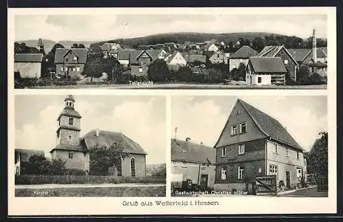 AK Wetterfeld / Hessen, Teilansicht des Ortes, Gastwirtschaft Christian Müller, Kirche