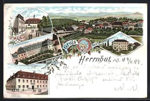 Lithographie Herrnhut, Gasthaus, Schwesternhaus, Mädchenanstalt