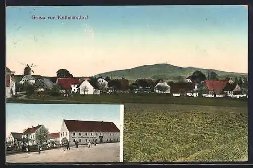 AK Kottmarsdorf, Gasthof zum Gerichtskretscham und Ortsansicht mit Windmühle