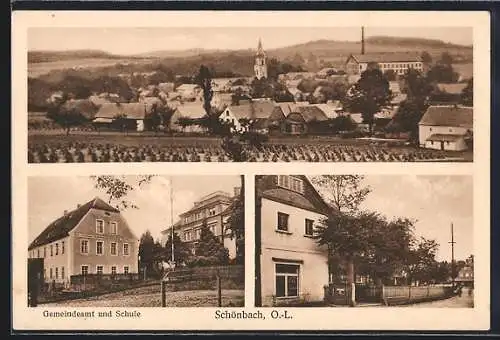 AK Schönbach /O.-L., Teilansicht, Gemeindeamt und Schule, Strassenpartie